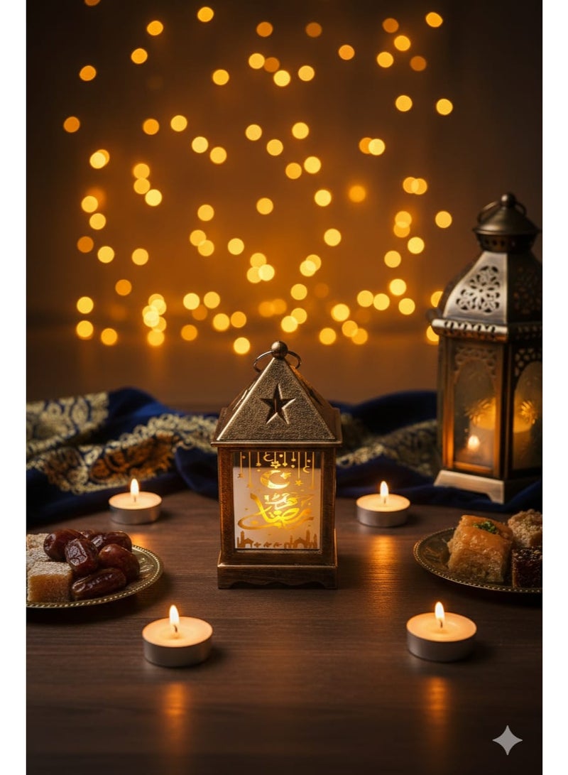 Ramadan lantern decoration, Ramadan Kareem, metal and glass lantern with a hanging loop, 13cm, 1 piece, copper color - Image 1